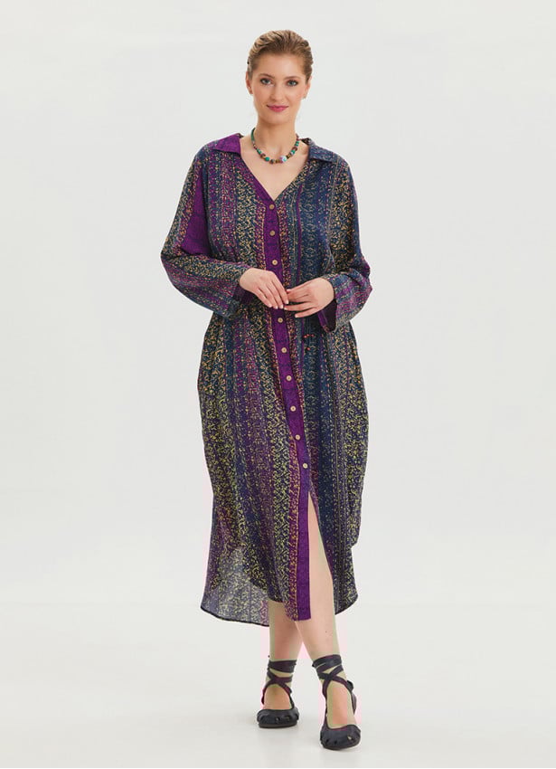 Shirt Collar Belt Detailed Purple Patterned Long Sleeve Dress 4449